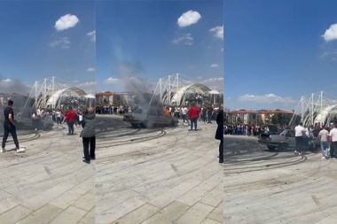Drift atan otomobil aniden alev aldı