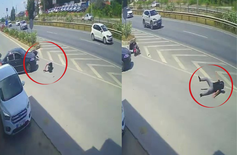 Motosikletin sürücüsü metrelerce savruldu