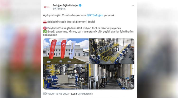 Cumhurbaşkanlığından, Nadir Toprak Elementi Tesisi paylaşımı