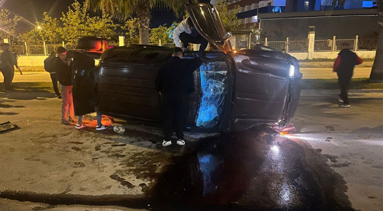 Palmiye ağacına çarpan araç yan yattı