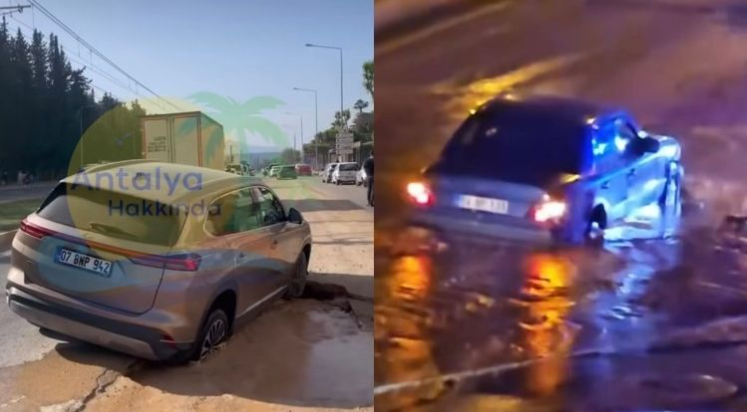 Antalya'da iki araç aynı yerde çukura düştü